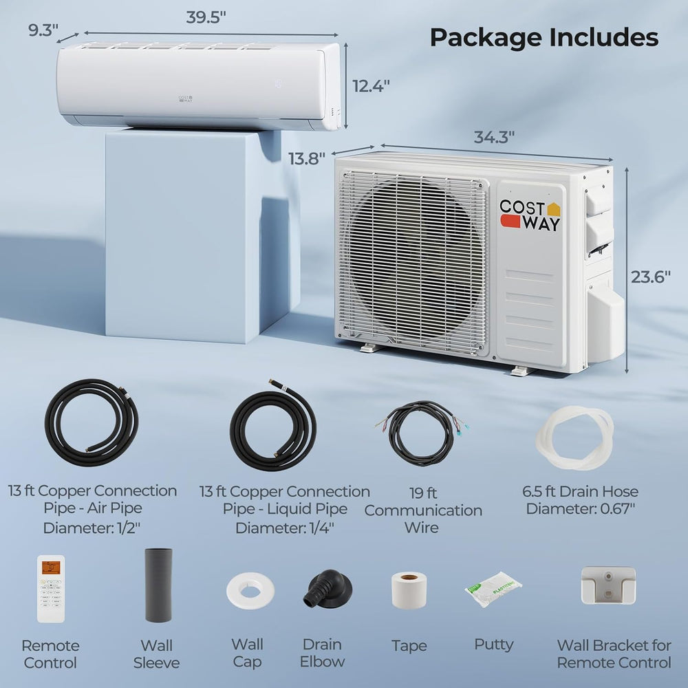EchoCool Series 23000 BTU mini split air conditioner and heater with remote control, installation components, and.