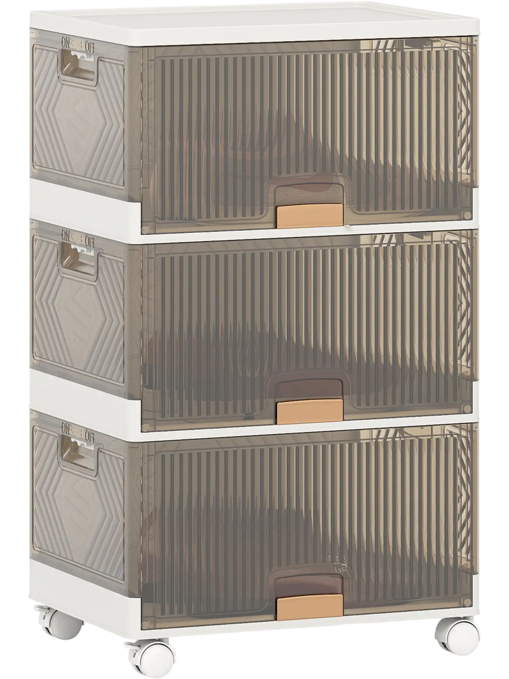 Three-cube stackable storage bin with detachable wheels, featuring front and top openings for easy access and mobility.