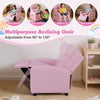 Pink ergonomic kids recliner chair with adjustable backrest, high-density sponge padding, and side pocket for toys.