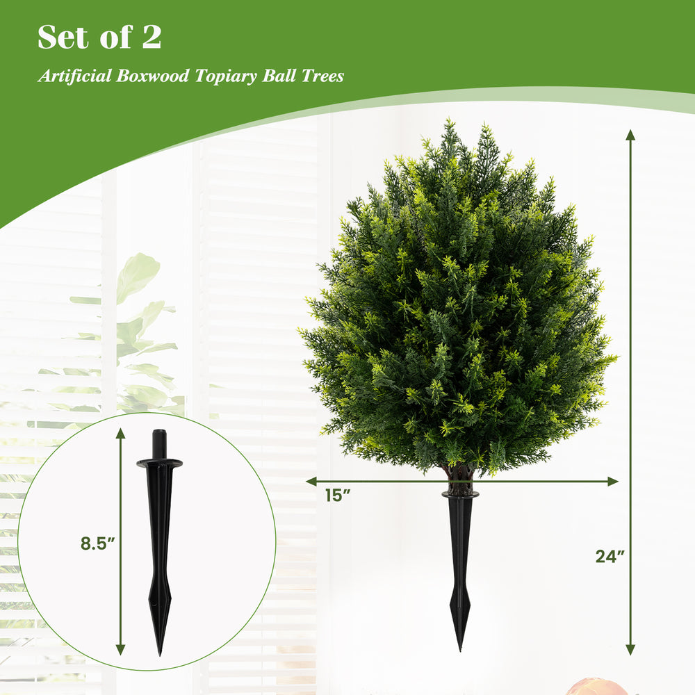 Artificial cypress topiary ball tree set with ground spike, 24 inches tall, perfect for indoor and outdoor decoration.