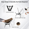 Portable camping chair setup steps: unfold frame, secure legs, attach seat; made of durable 7075 aluminum alloy.
