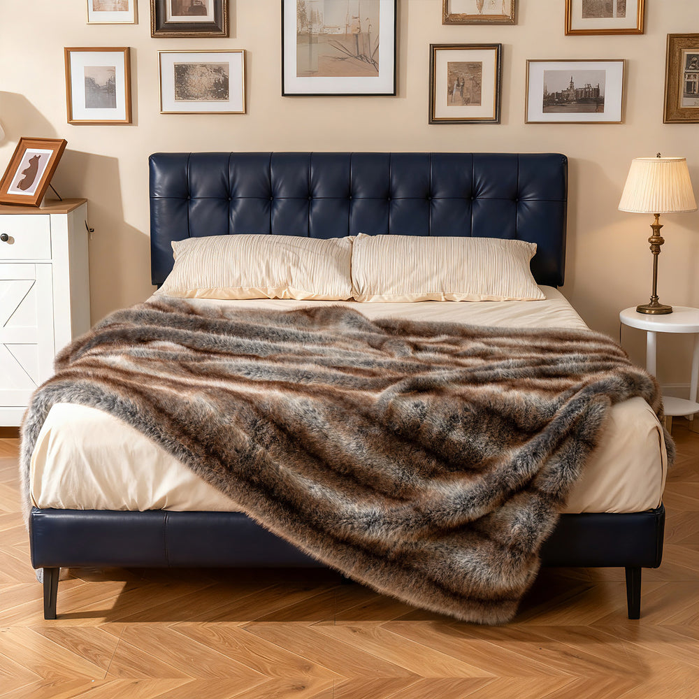 Soft plush fuzzy luxury faux fox fur blanket in brown, featuring a double-sided design for sofas and beds.