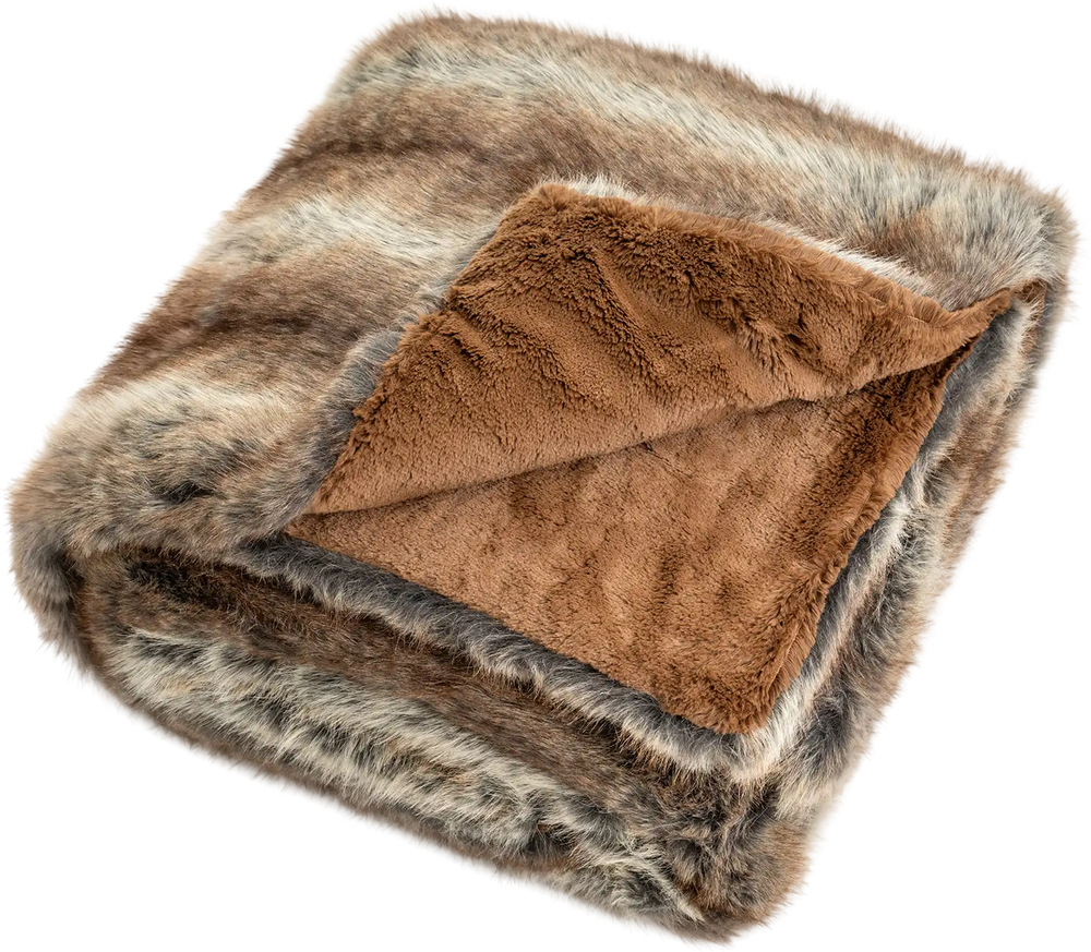 Soft plush fuzzy luxury faux fox fur blanket in brown, featuring double-sided design for sofas and beds.