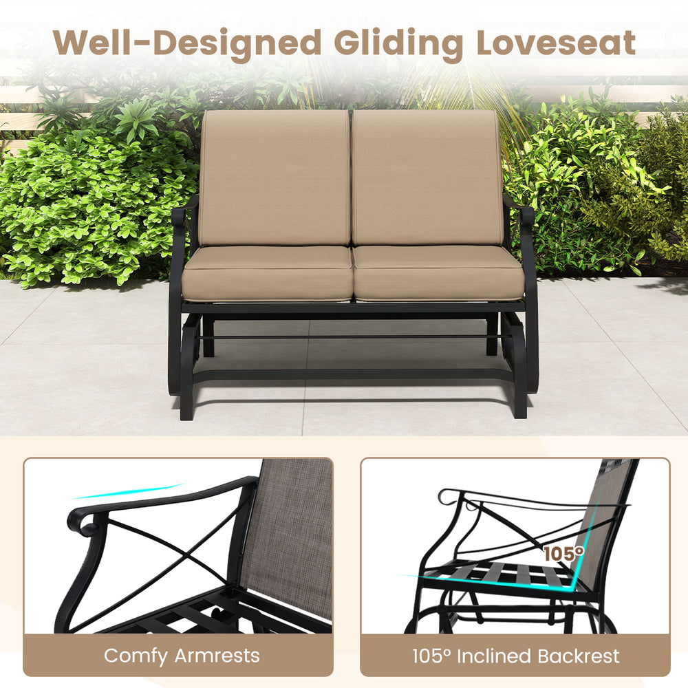 Outdoor 2-person glider loveseat with thick cushions, metal frame, and 105° inclined backrest for patio relaxation.