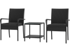 Two black PE rattan chairs with cushions and a tempered glass side table, perfect for backyard or patio relaxation.