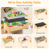 Wooden train set activity table with double-sided board, storage space, and accessories for kids aged 18M+.