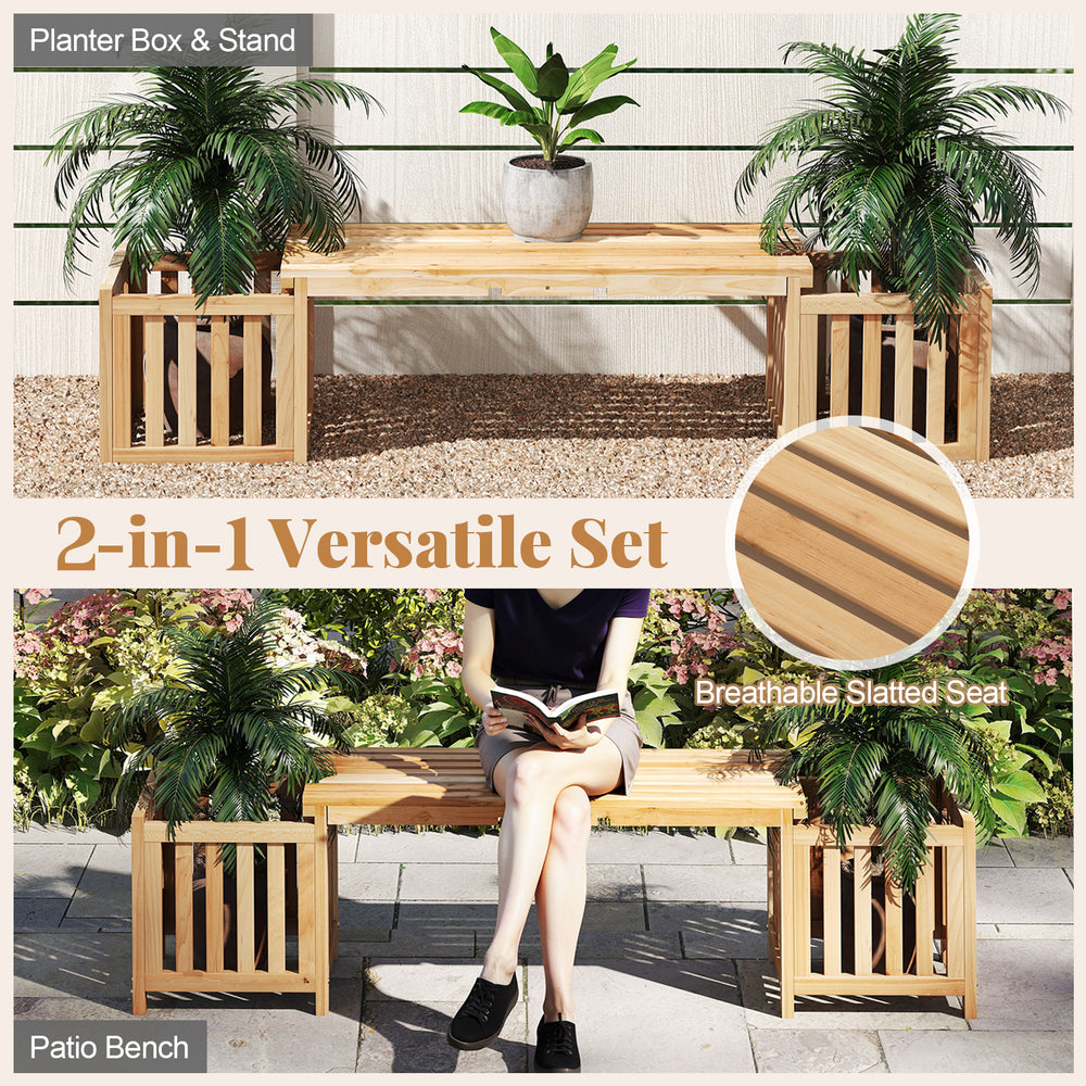Patio wooden bench with planter boxes, made of fir wood, featuring a slatted seat for ventilation, ideal for outdoor.