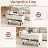 Lift-top coffee table in white with hidden storage and open shelves, ideal for versatile use as a work desk or coffee.
