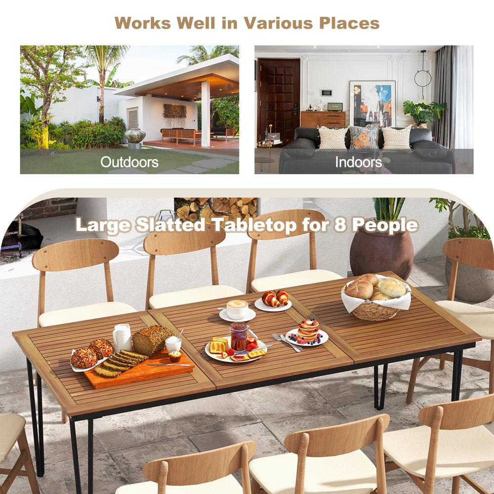 Large slatted tabletop dining table for 8 people, made of acacia wood, ideal for outdoor and indoor use.