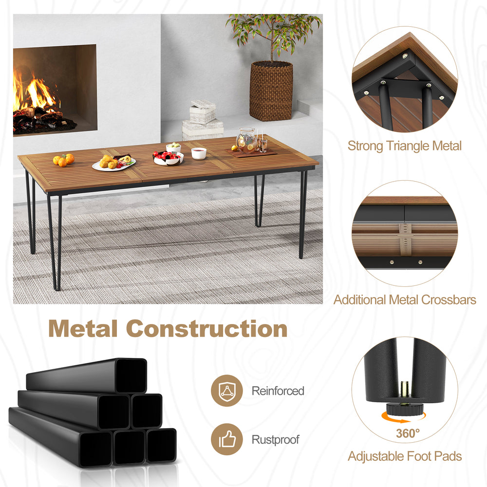 79-inch outdoor dining table with acacia wood top, metal construction, and 1.9-inch umbrella hole for 8 people.