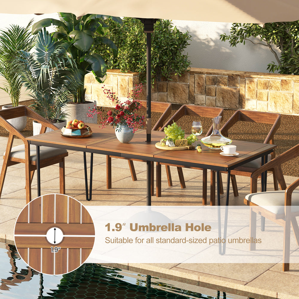 79-inch outdoor dining table with 1.9-inch umbrella hole, featuring a slatted acacia wood top for 8 people.