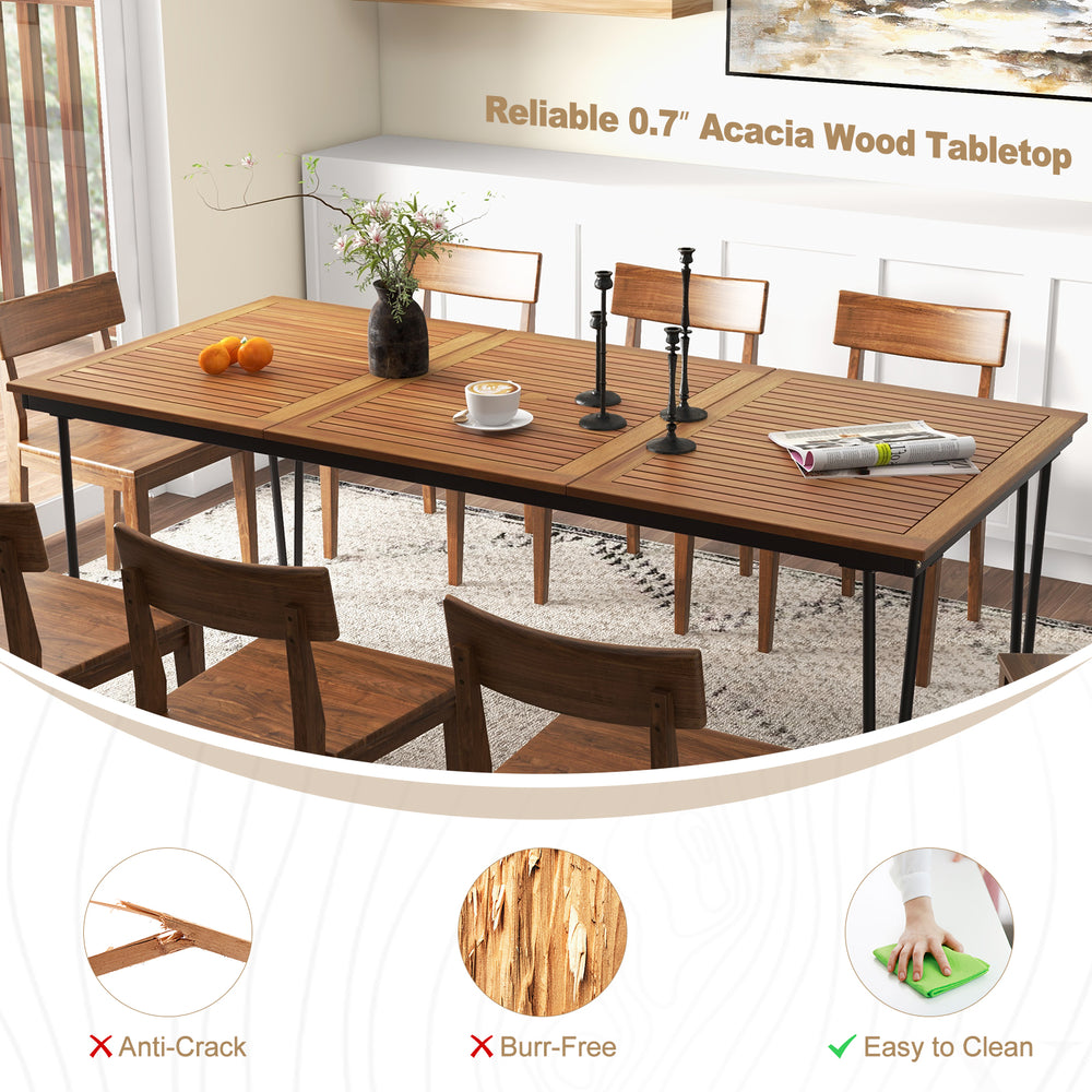 79-inch outdoor dining table with 0.7" acacia wood tabletop, designed for 8 people, featuring a 1.9" umbrella hole.