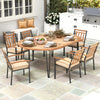 79-inch oval patio dining table with acacia wood top, seating 8, featuring sturdy metal legs and an umbrella hole.