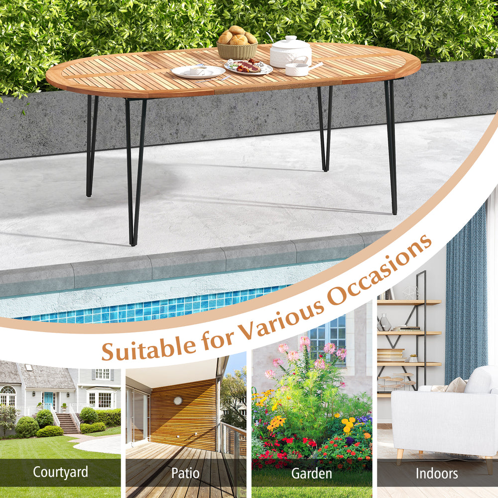 79-inch oval patio dining table with acacia wood top, accommodating 8 people, suitable for indoor and outdoor use.