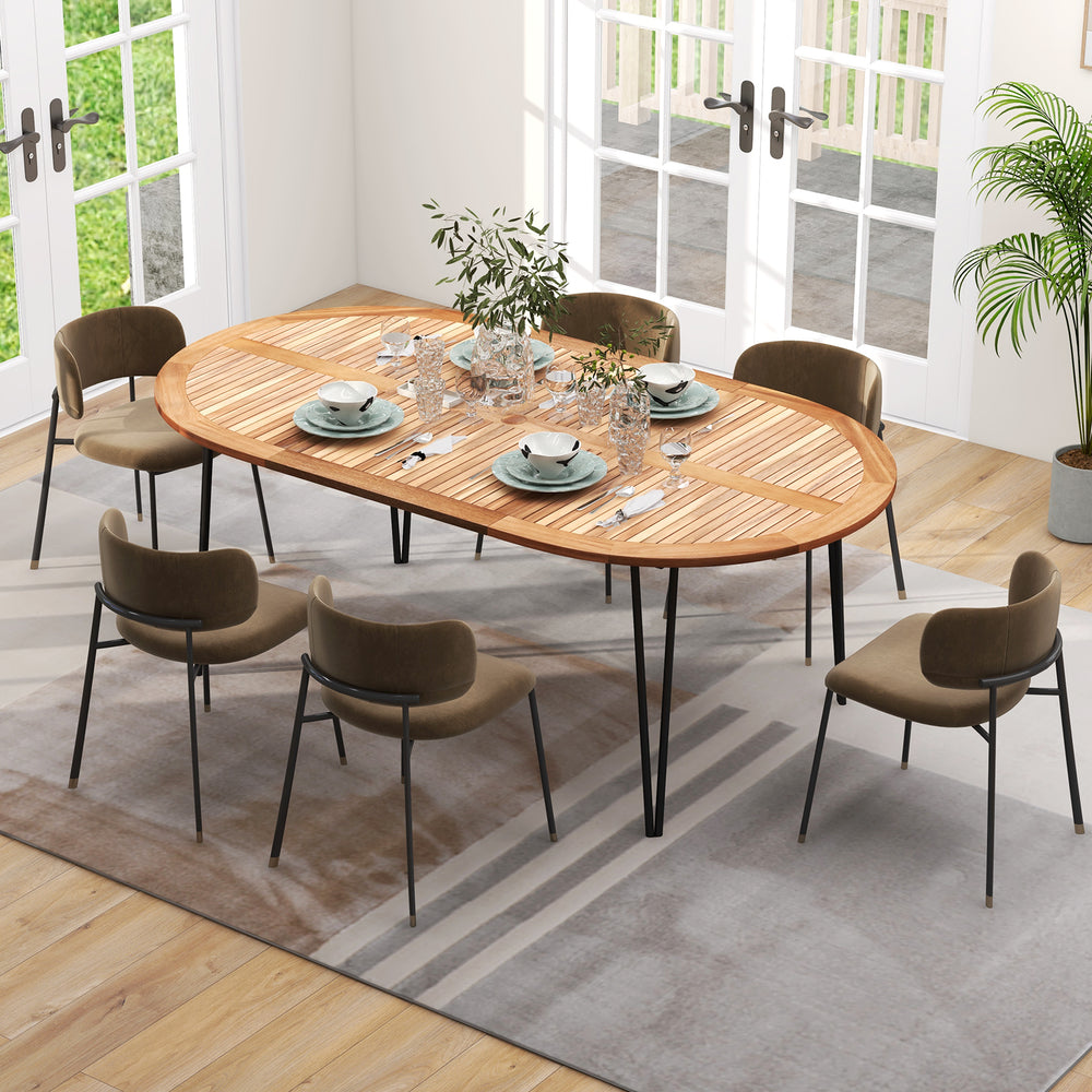 Oval patio dining table made of acacia wood, seating 8, featuring an umbrella hole and sturdy metal legs for stability.