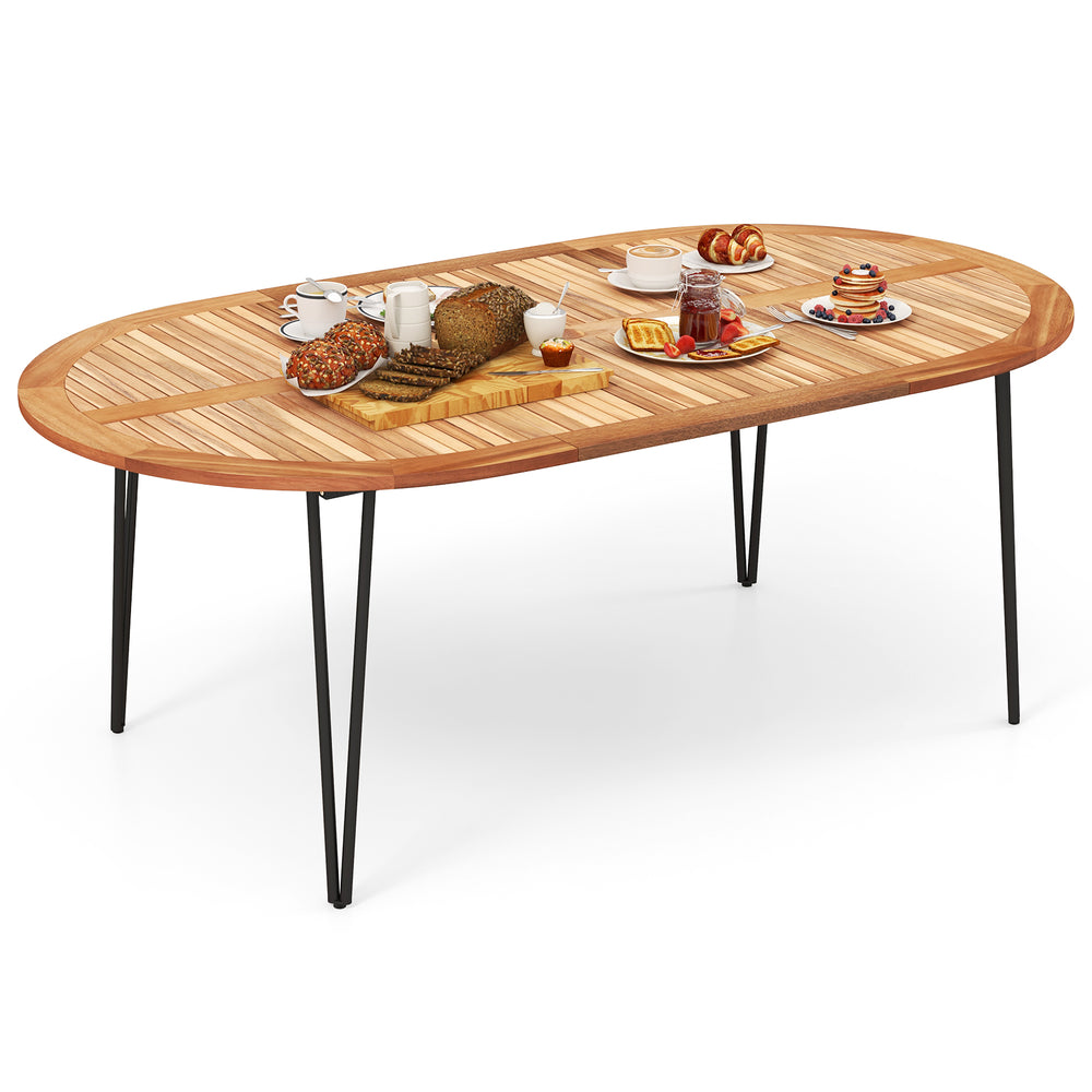 79-inch oval patio dining table with acacia wood top, accommodating 8 people, featuring a slatted design and umbrella.