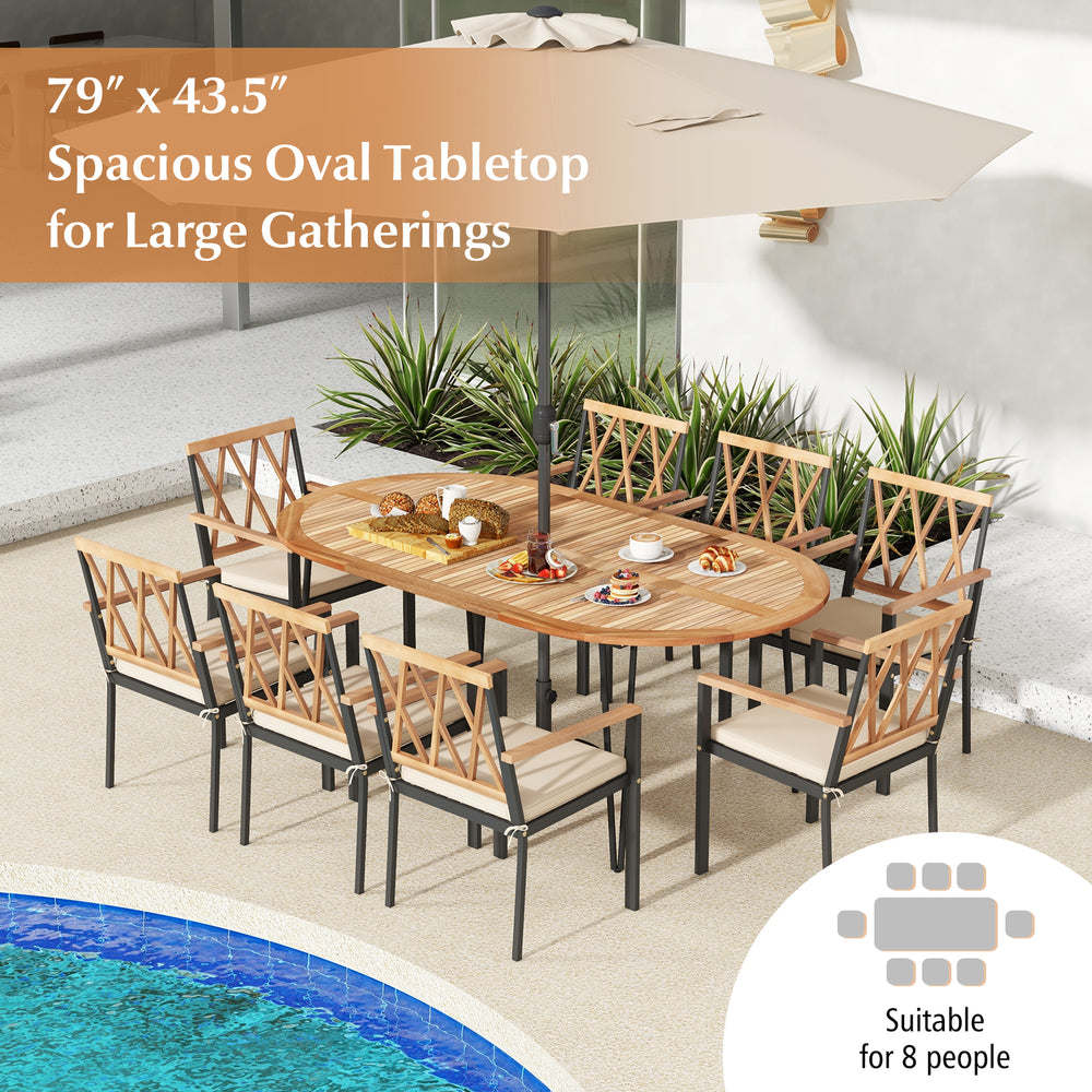 Spacious 79" oval patio dining table with acacia wood top, suitable for 8 people, featuring an umbrella hole.