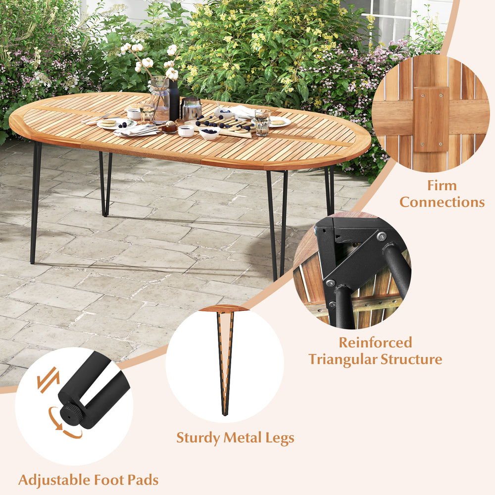 79-inch oval patio dining table with acacia wood top, sturdy metal legs, and umbrella hole, perfect for 8 people.