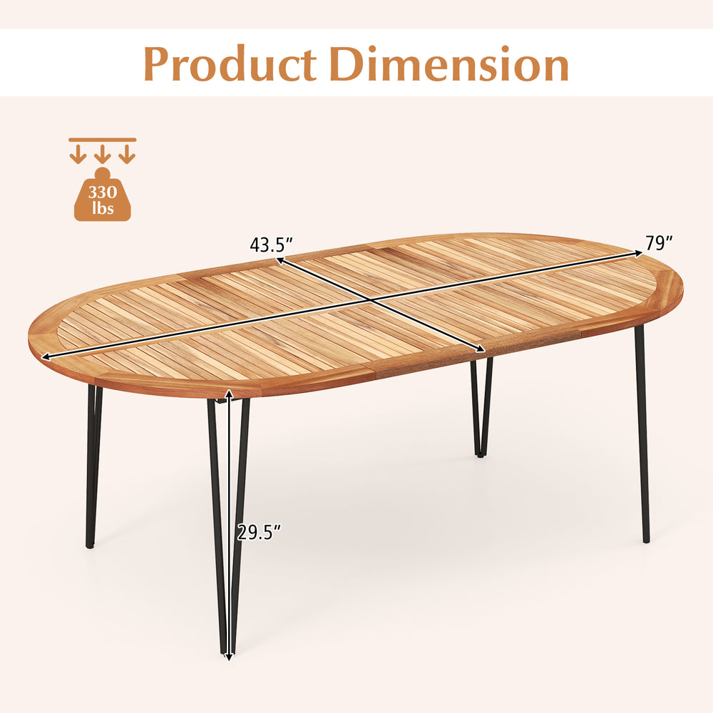 79-inch oval patio dining table dimensions with acacia wood top, designed for 8 people, featuring an umbrella hole.