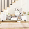 Modern 79" white TV stand with storage compartments, drawer, and charging station for TVs up to 90 inches.