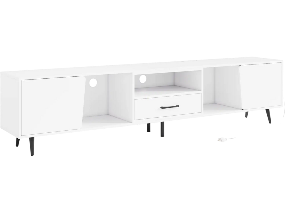 Modern 79" white TV stand with storage cabinets, drawer, and built-in charging station for TVs up to 90 inches.
