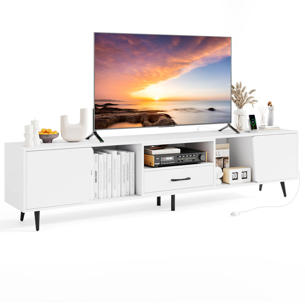 79" white TV stand with storage cabinets and built-in charging station, designed for TVs up to 90 inches.