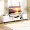 Modern 79" white TV stand with storage cabinets and built-in charging station, designed for TVs up to 90 inches.