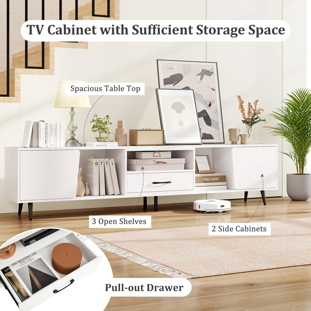 79" white TV cabinet with 2 side cabinets, 3 open shelves, and a pull-out drawer for ample storage and organization.
