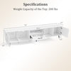 Detailed specifications of the 79" white TV stand with storage compartments and cable management features.