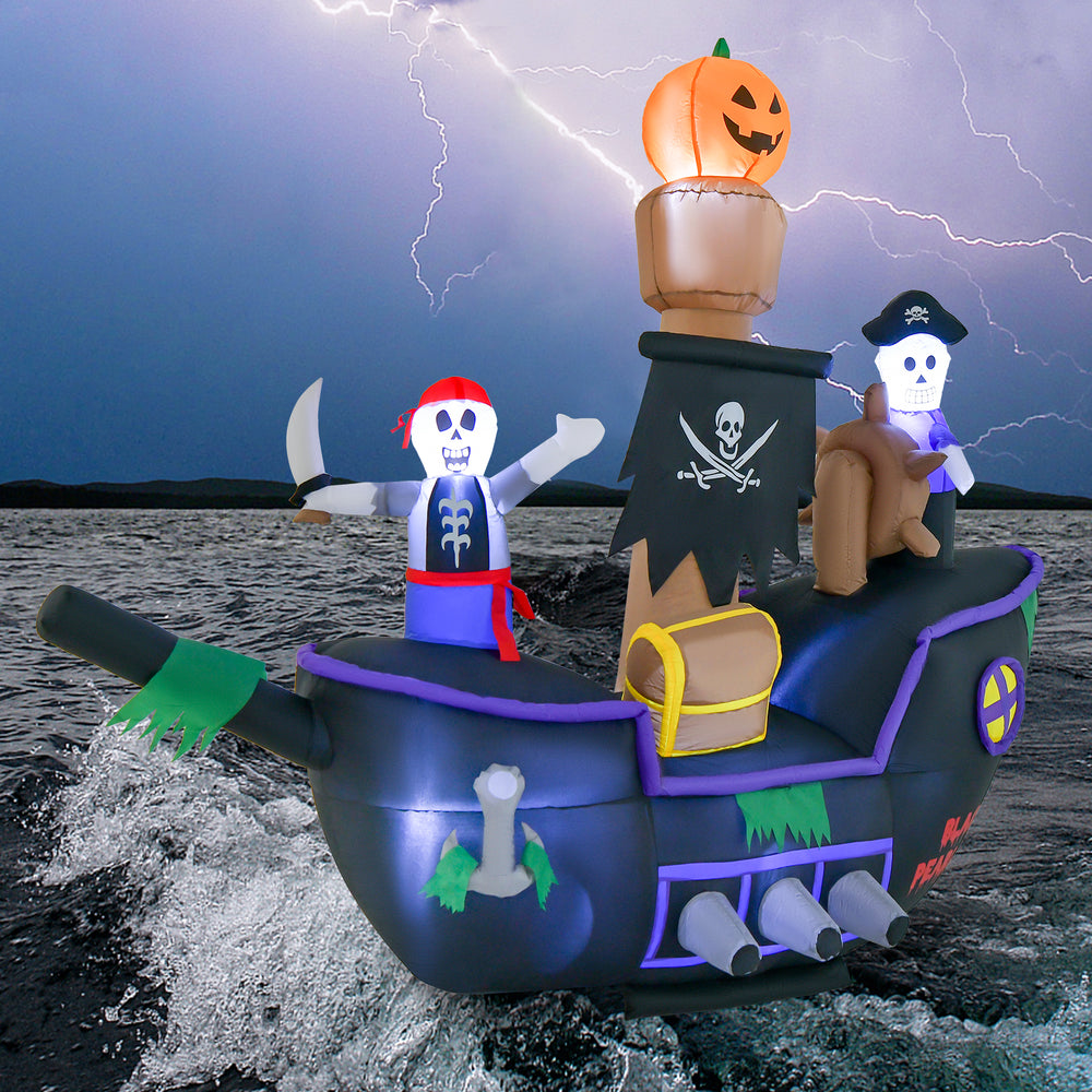 Pirate ship inflatable with skeletons and pumpkin, 7 feet long, designed for Halloween outdoor festivities.