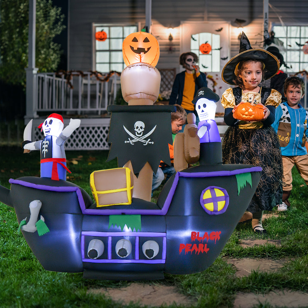 Inflatable 7-foot Halloween pirate ship with LED lights, featuring vivid details for festive outdoor decoration.