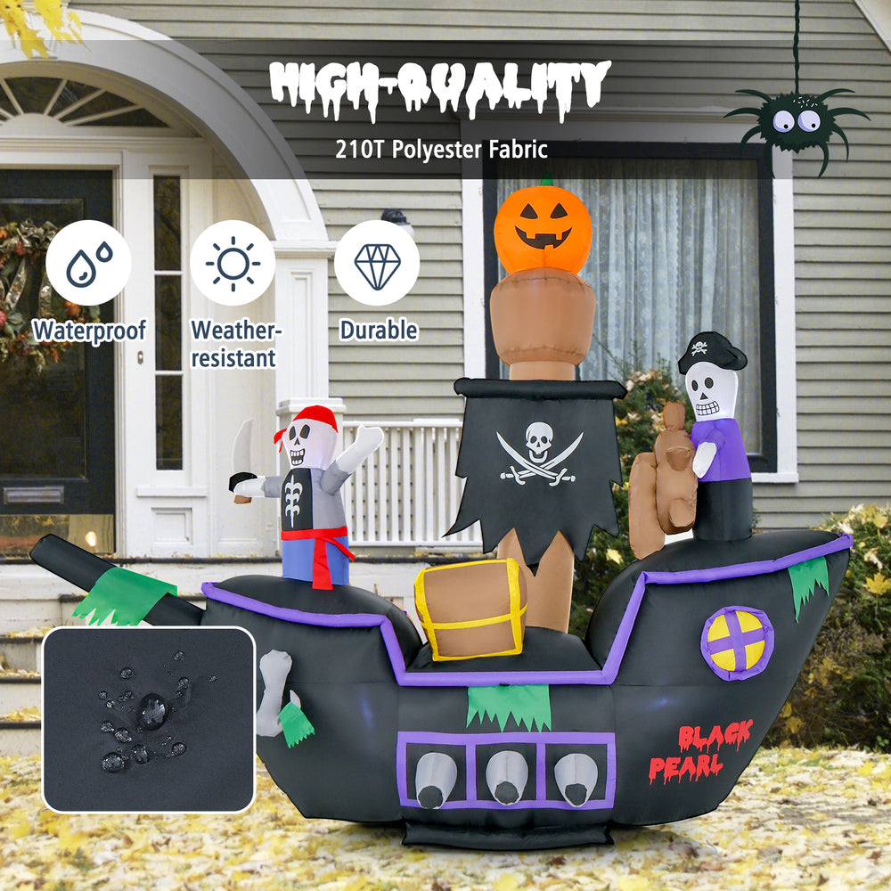 7-foot Halloween inflatable pirate ship with LED lights, waterproof polyester, and vivid details for outdoor decoration.