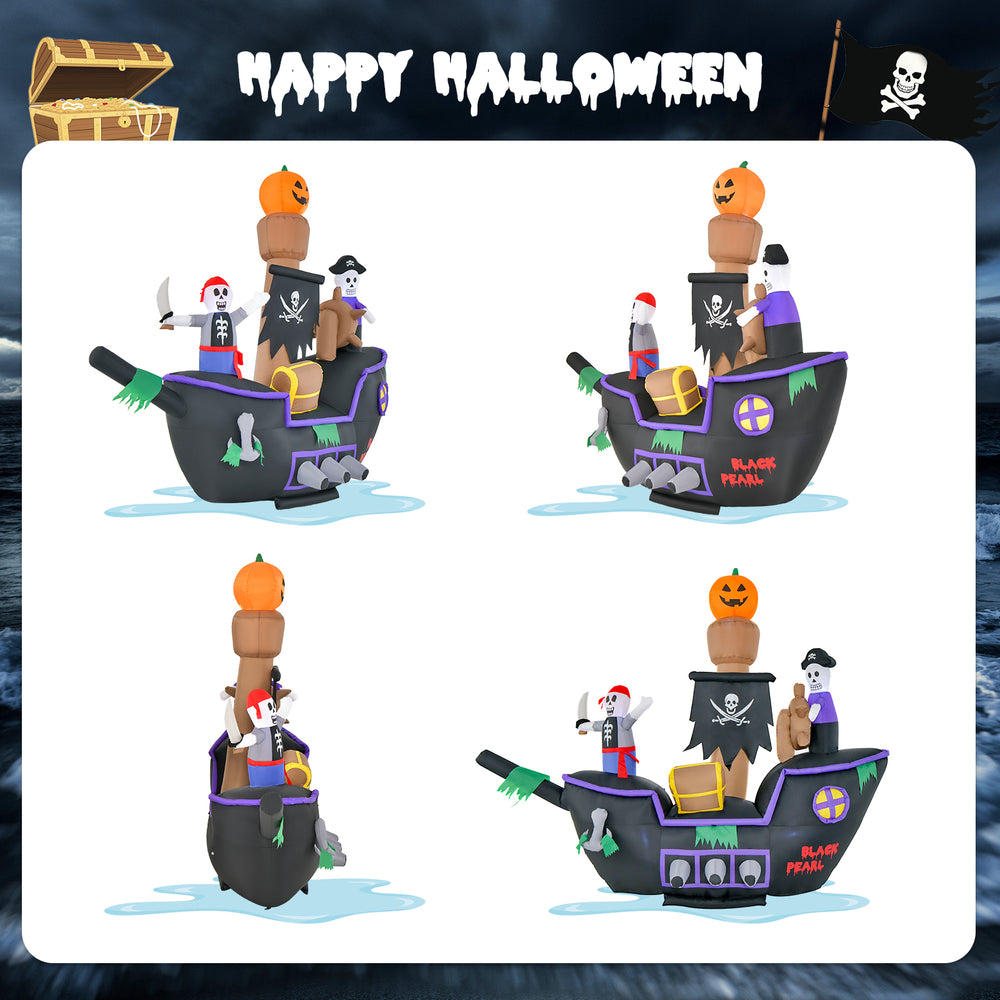 Halloween inflatable pirate ship with LED lights, featuring vivid details and durable waterproof fabric for outdoor.