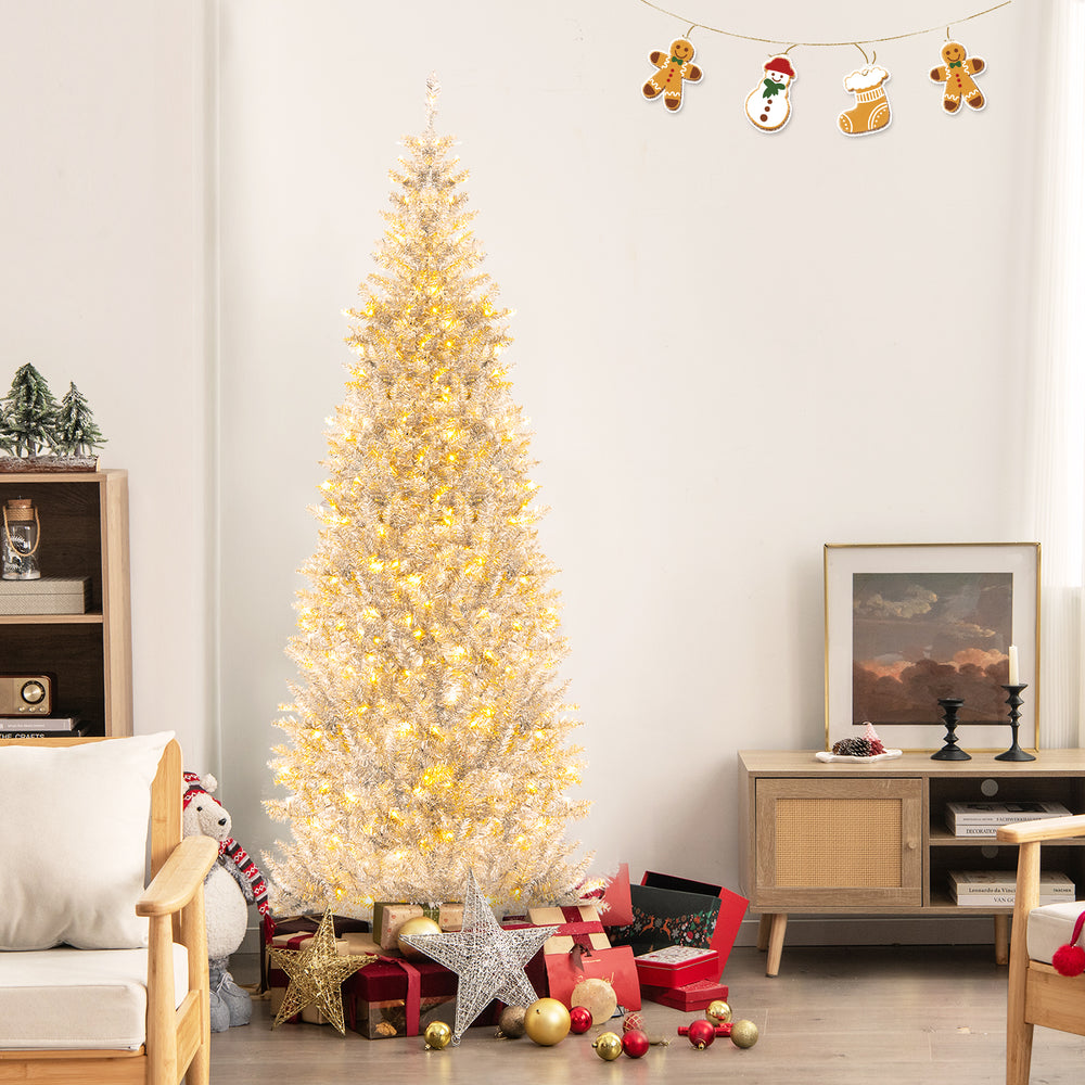 6/7 FT Pre-Lit Artificial Silver Tinsel Xmas Tree with 790 Branch Tips and 300 LED Lights-7 ft - Gallery View 1 of 10