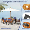 7-piece patio dining set featuring acacia wood table and navy cushions, with umbrella hole for outdoor relaxation.