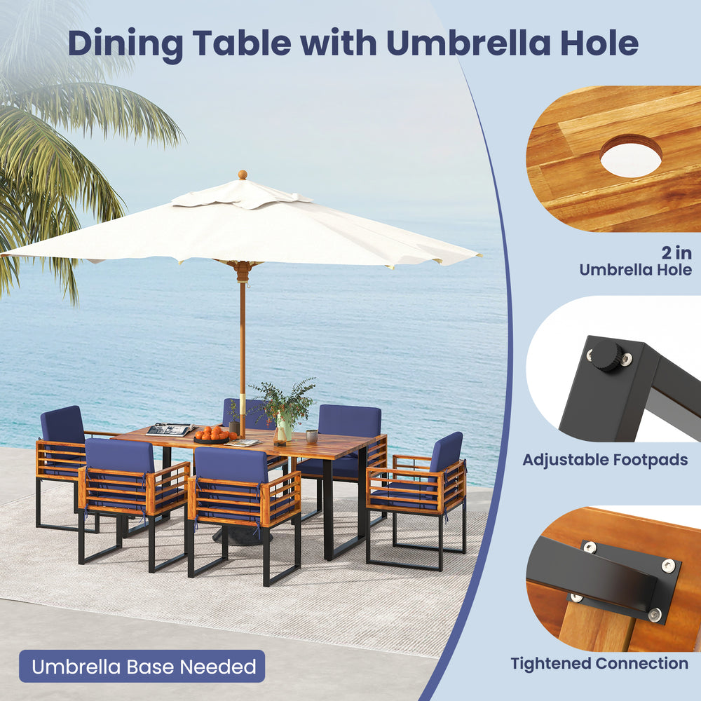 7-piece patio dining set featuring acacia wood table and navy cushions, with umbrella hole for outdoor relaxation.