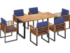 7-piece patio dining set featuring acacia wood table and navy cushions, perfect for backyard and poolside gatherings.