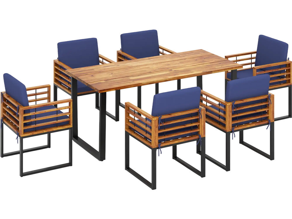 7-piece patio dining set featuring acacia wood table and navy cushions, perfect for backyard and poolside gatherings.