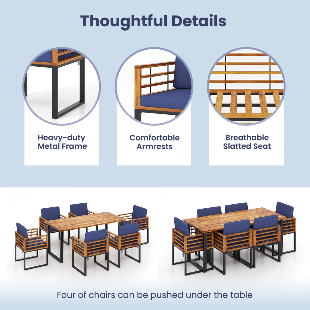 7-piece patio dining set featuring acacia wood table and navy cushioned chairs, perfect for backyard and poolside use.