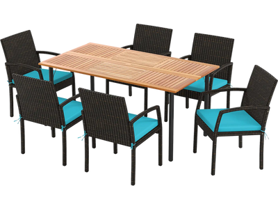 Costway 7-Piece Outdoor Acacia Wood Dining Set w/ Umbrella Hole & Cushions Turquoise 429385176 New