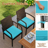 Close-up of turquoise cushion on outdoor dining chairs, featuring soft padded sponge and fixing ties for secure.