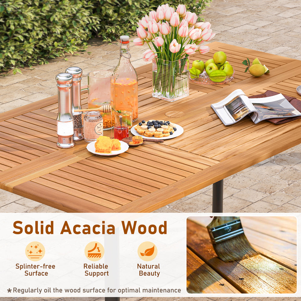 Solid acacia wood dining table with umbrella hole, featuring a splinter-free surface, perfect for outdoor patio use.