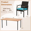 Dimensions of the 7-piece outdoor dining set featuring a 63" acacia wood table and a chair with turquoise cushion.
