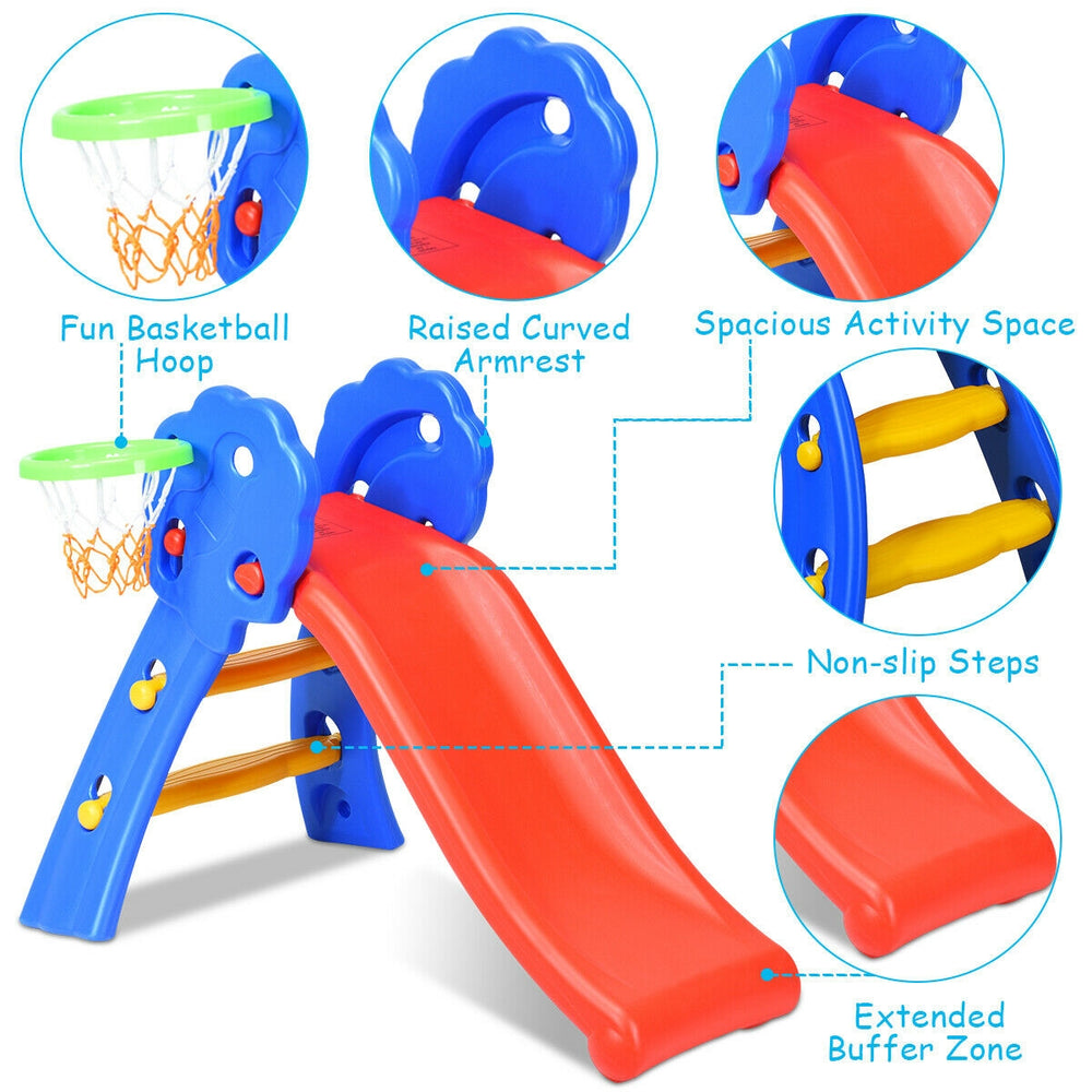 Kids plastic folding slide with basketball hoop, non-slip steps, and curved armrest for safe indoor play.