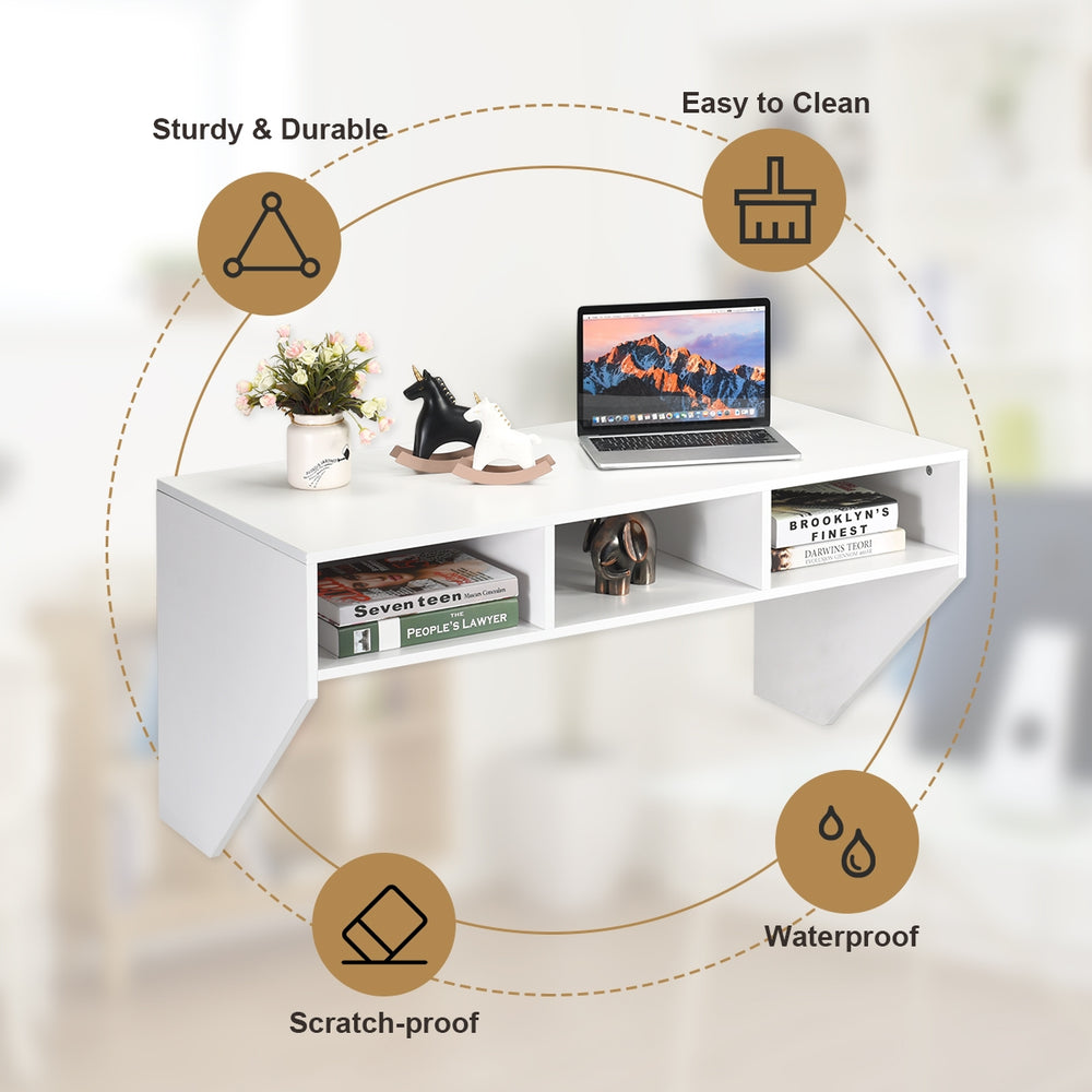 Wall-mounted floating computer desk in white with three storage compartments, waterproof and scratch-proof surface for.