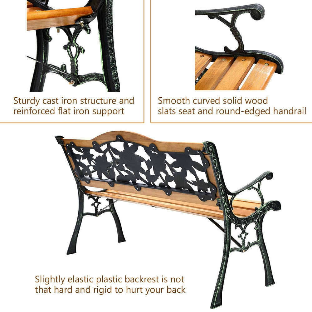 Garden bench chair with solid wood slats, cast iron structure, and PVC backrest, perfect for outdoor seating.