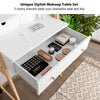 Vanity table set featuring a large drawer and organized cosmetics, with a cushioned stool for comfortable makeup.