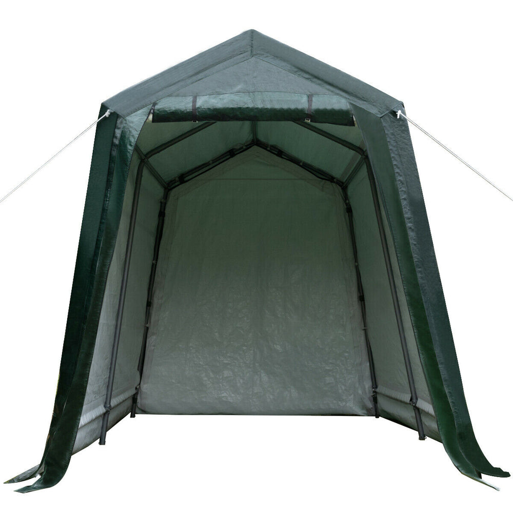 Outdoor carport shed with waterproof ripstop cover, 7 x 12 ft, featuring a sturdy steel frame and removable door for.