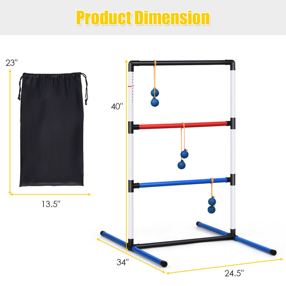 Ladder ball toss game set with score tracker, featuring durable PVC pipes and carrying bag for easy storage and.