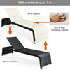 Adjustable patio rattan lounge chair shown with and without cushion, featuring a sturdy steel frame for outdoor use.
